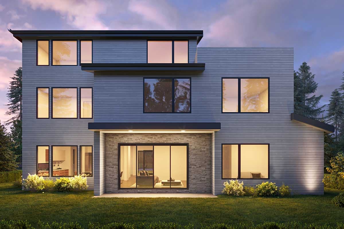 Modern house plan exterior with horizontal siding, stacked stone accent, large windows, and flat rooflines.