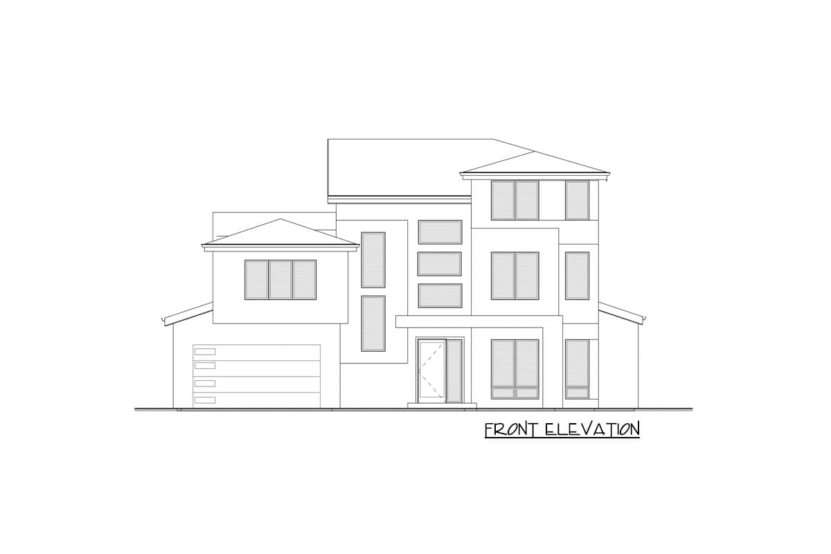 Front elevation drawing of a two-story house with a garage, multiple gables, and a variety of window styles.