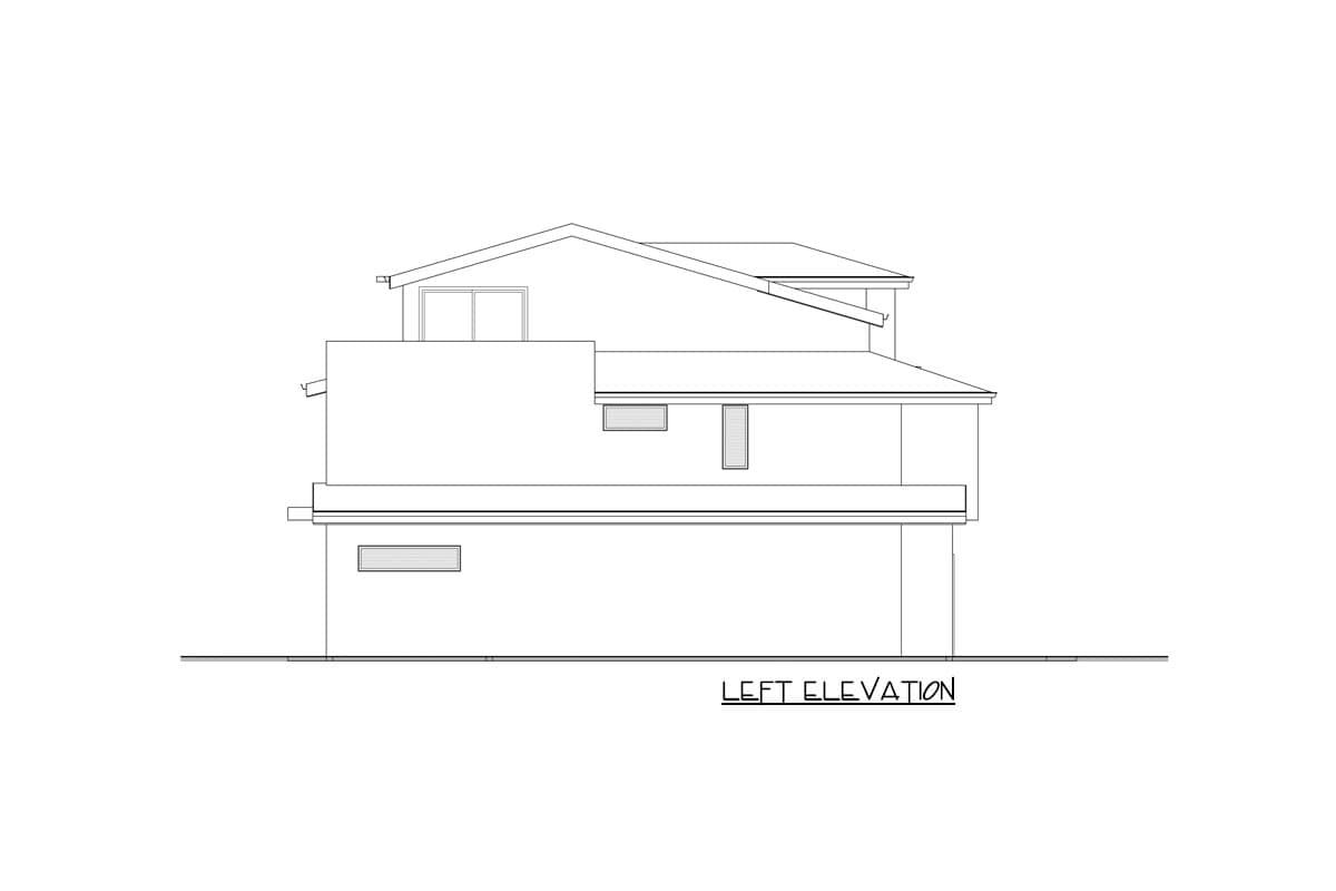 Left elevation drawing of a two-story house plan with a sloped roof and prominent gables.