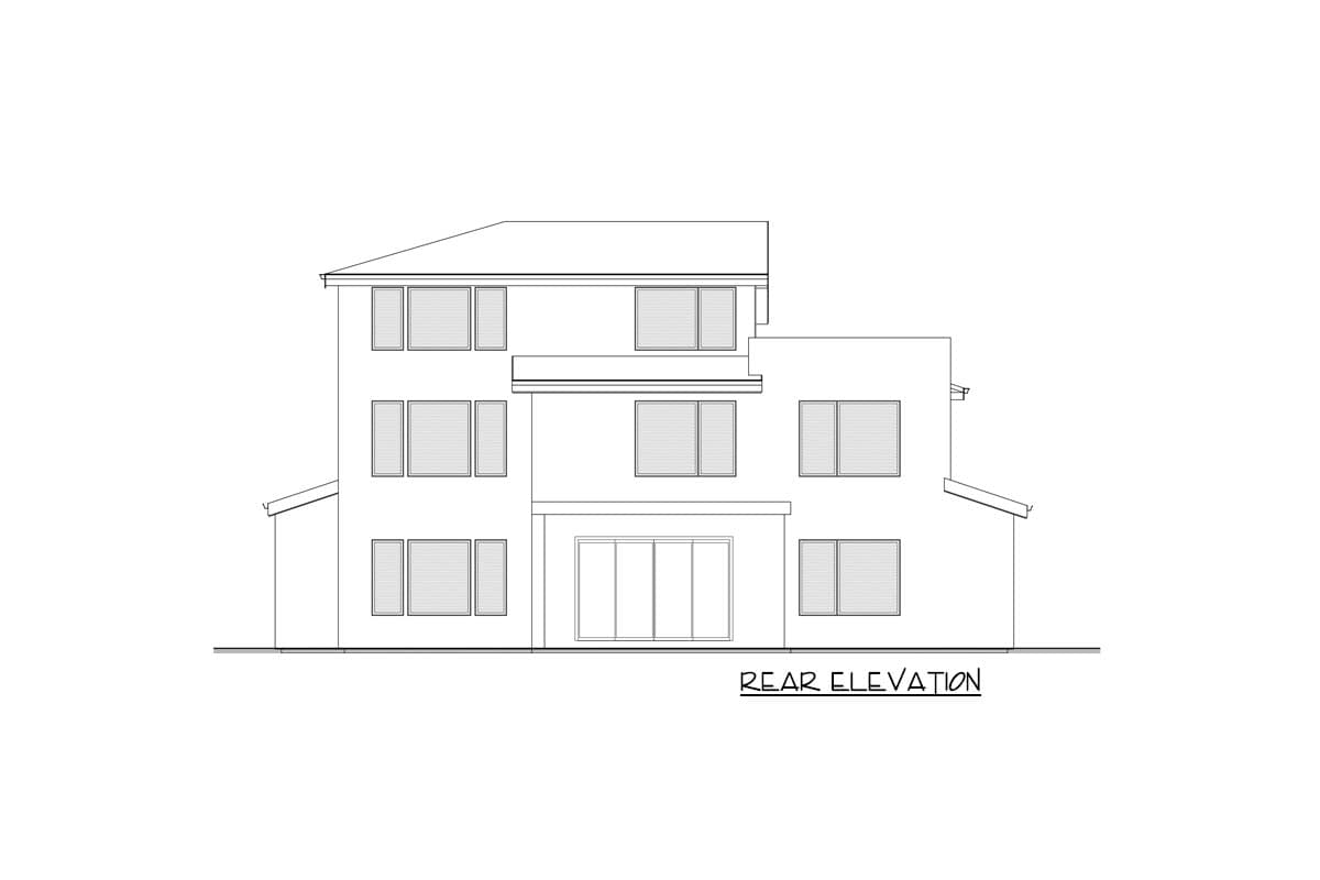 Rear elevation drawing of a three-story house plan with multiple windows and sliding glass doors.