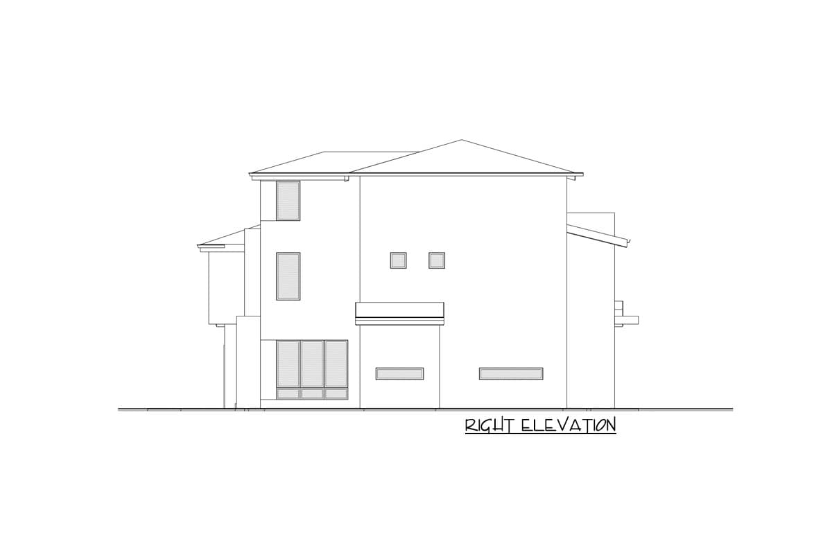 Right elevation drawing of a two-story house plan featuring a hipped roof, multiple window styles, and a projecting balcony on the left.
