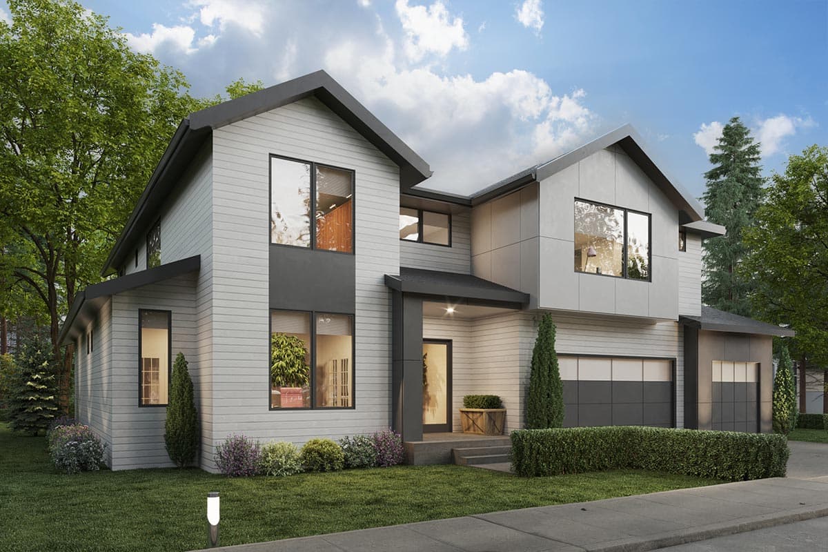 Modern house plan exterior with two stories. Features include a covered entry, gabled roof, and attached garage with two bays.