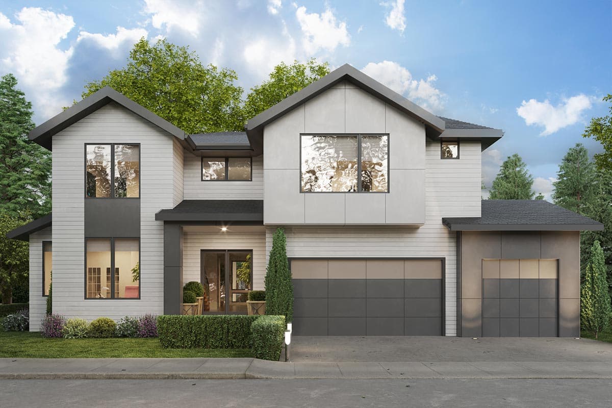 Modern house plan exterior: two stories, prominent gables, large windows, and a double garage with a single-car garage attached.