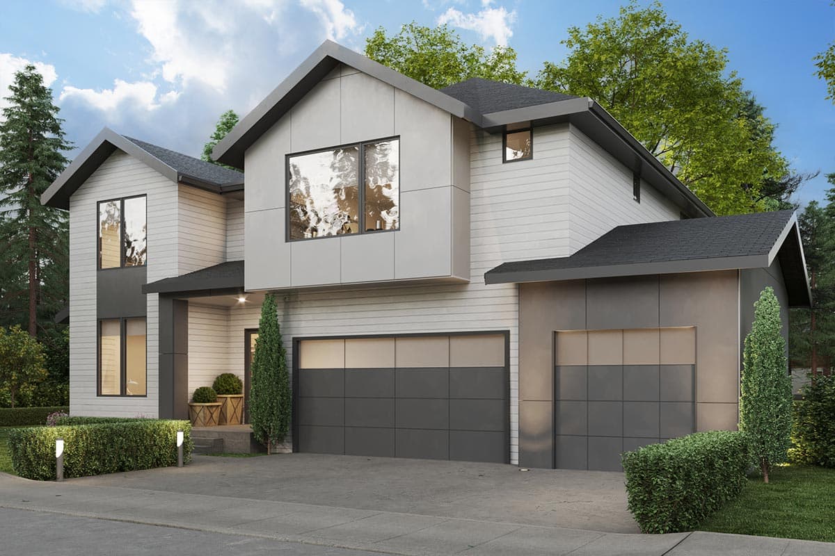 Modern house plan exterior with two stories, gabled rooflines, large windows, and a dual garage.