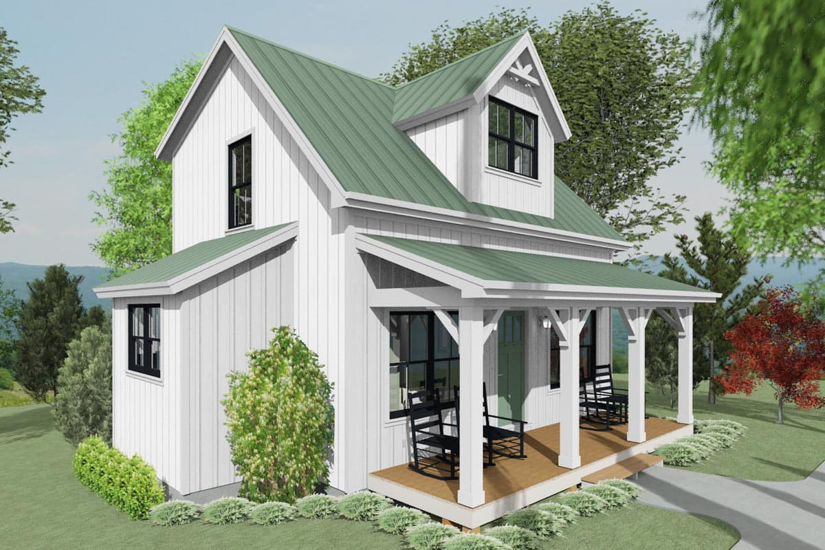 Modern Farmhouse house plan exterior with metal roof, dormer, board-and-batten siding, and covered porch with columns.