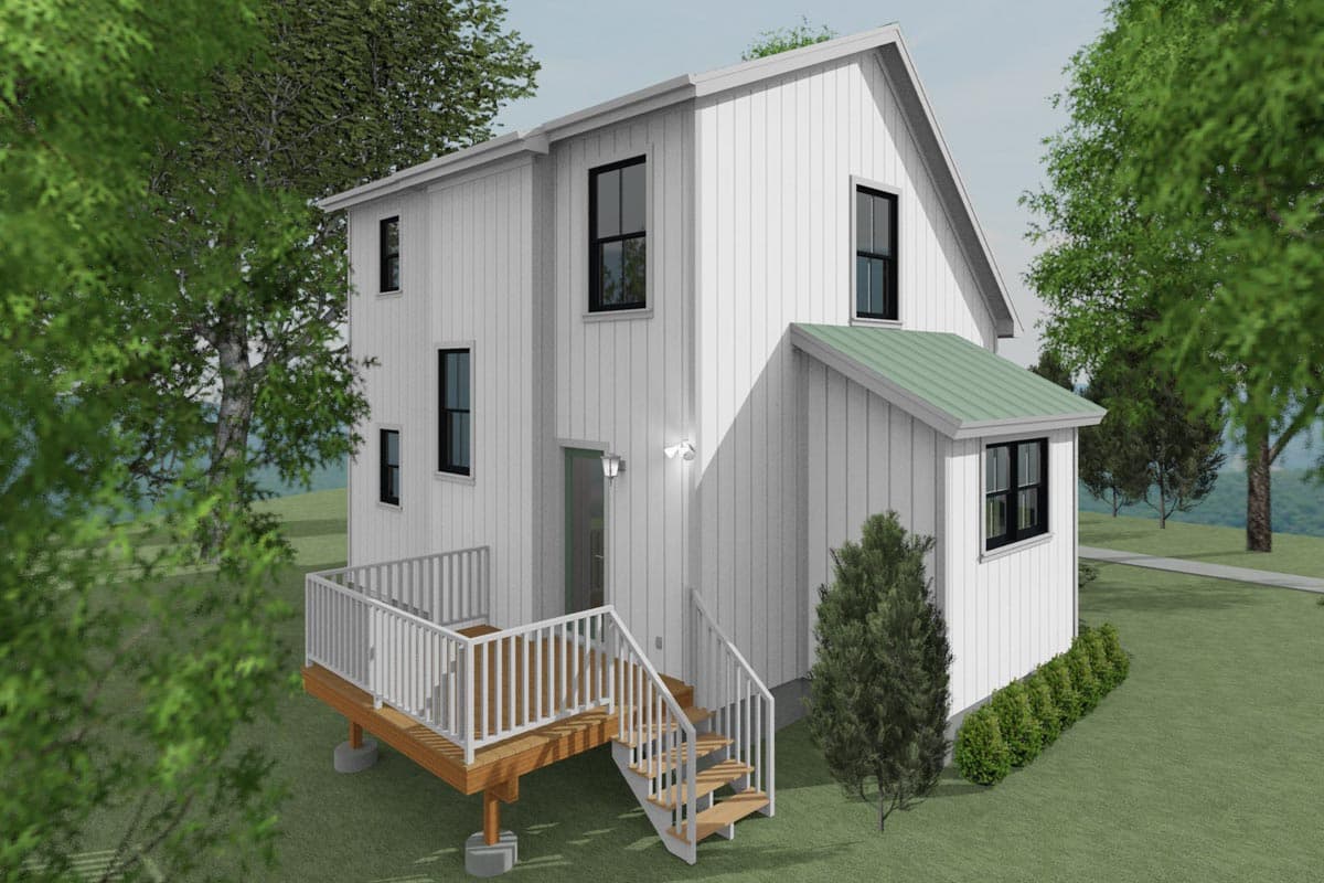 Modern house plan exterior, two stories, white vertical siding, deck with stairs, and a green metal shed roof.