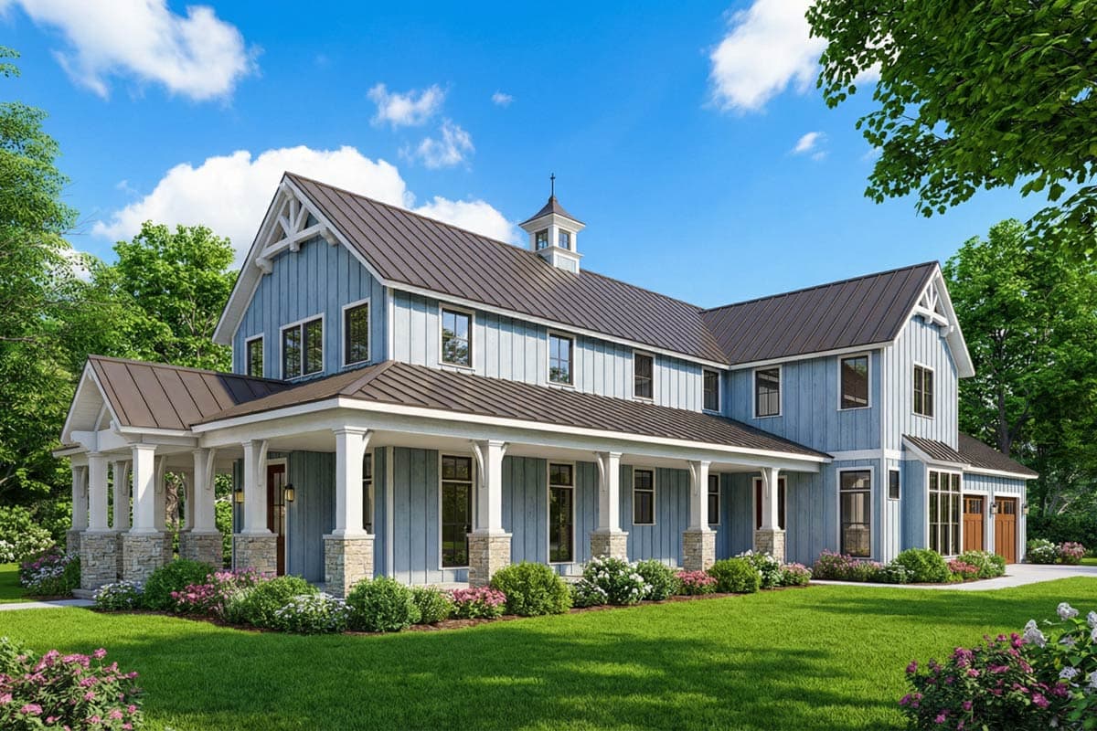 Modern Farmhouse house plan exterior with wrap-around porch, metal roof, gables, and attached garage.