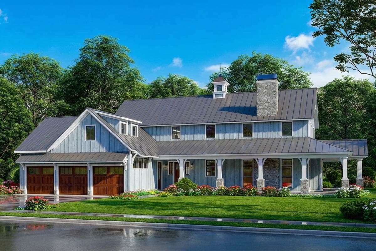 Modern Farmhouse house plan exterior with a three-car garage, metal roof, stone chimney, and covered porch.