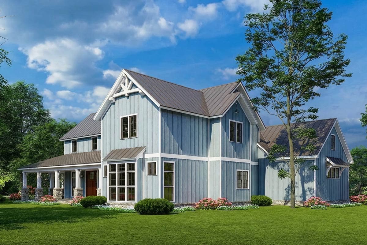 Modern Farmhouse house plan exterior with stone-accented porch, gables, and metal roof.