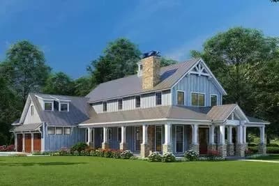Rustic Home Plan with Wraparound Porch, 2-Story Great Room with Overlook and a 3-Car Garage