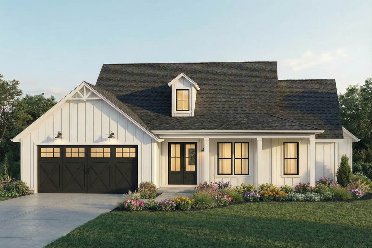 A modern white house with a dark gray roof. Black doors and garage doors contrast against the bright siding. Colorful flowers line the walkway.