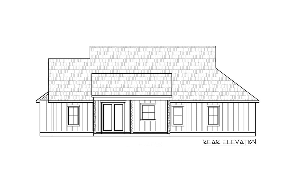 Rear elevation architectural drawing of a house with a pitched roof, double doors, windows, and vertical siding.