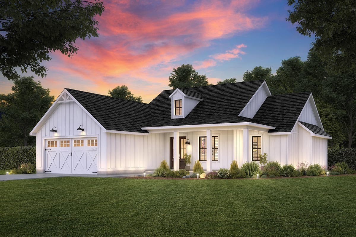 Exterior render of a modern farmhouse with white siding, black roof. Features a two-car garage.