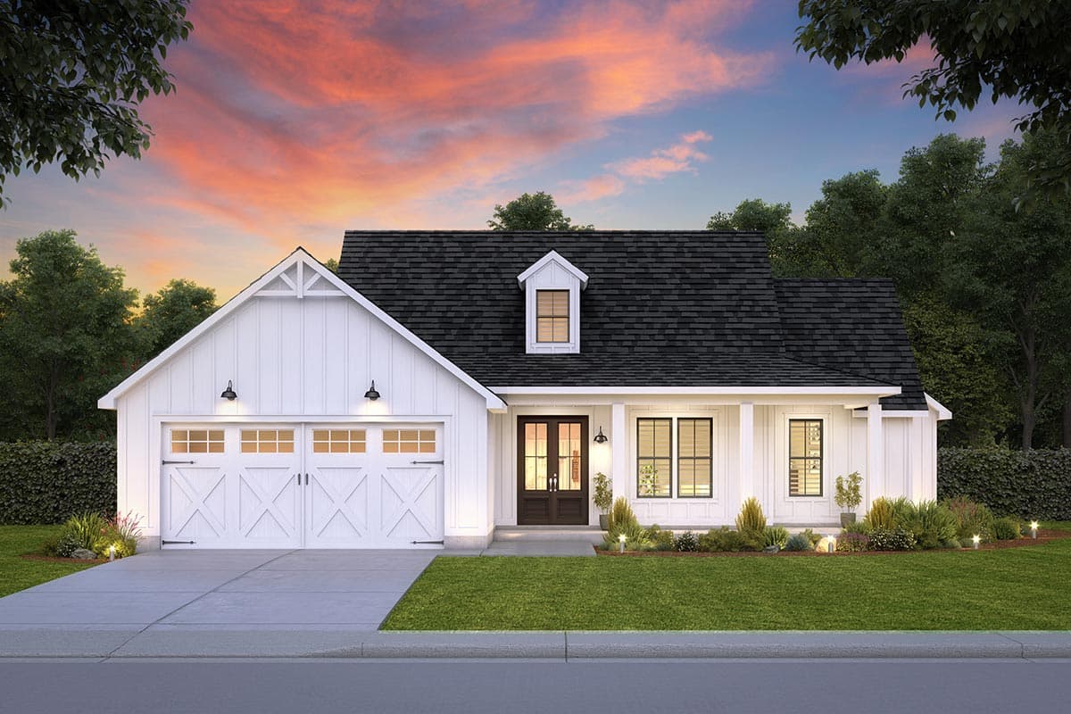 Exterior rendering of a white modern farmhouse with a split bedroom floor plan. Two-car garage and dark front door.