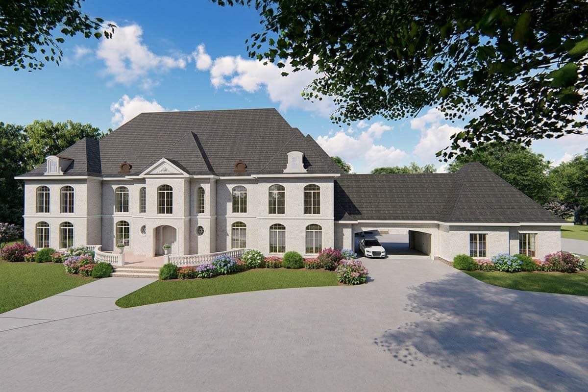 A large, two-story white brick house with a gray roof and attached garage. A car is parked in the driveway. Landscaping and trees surround the home.