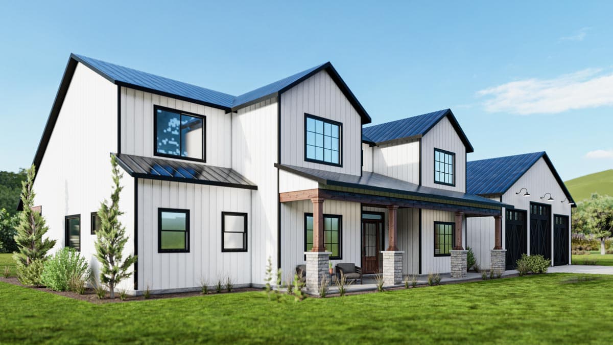 Modern Farmhouse house plan exterior with white vertical siding, dark rooflines, covered porch with stone pillars, and attached three-car garage.