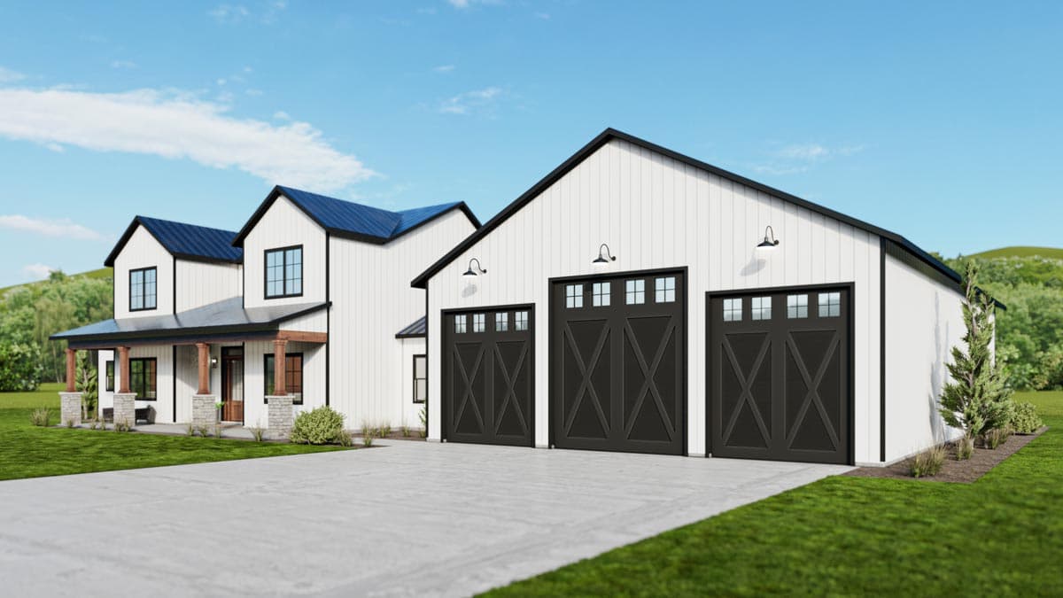 Modern Farmhouse house plan exterior with white siding, dark gables, a covered porch with stone and wood columns, and a three-car garage.