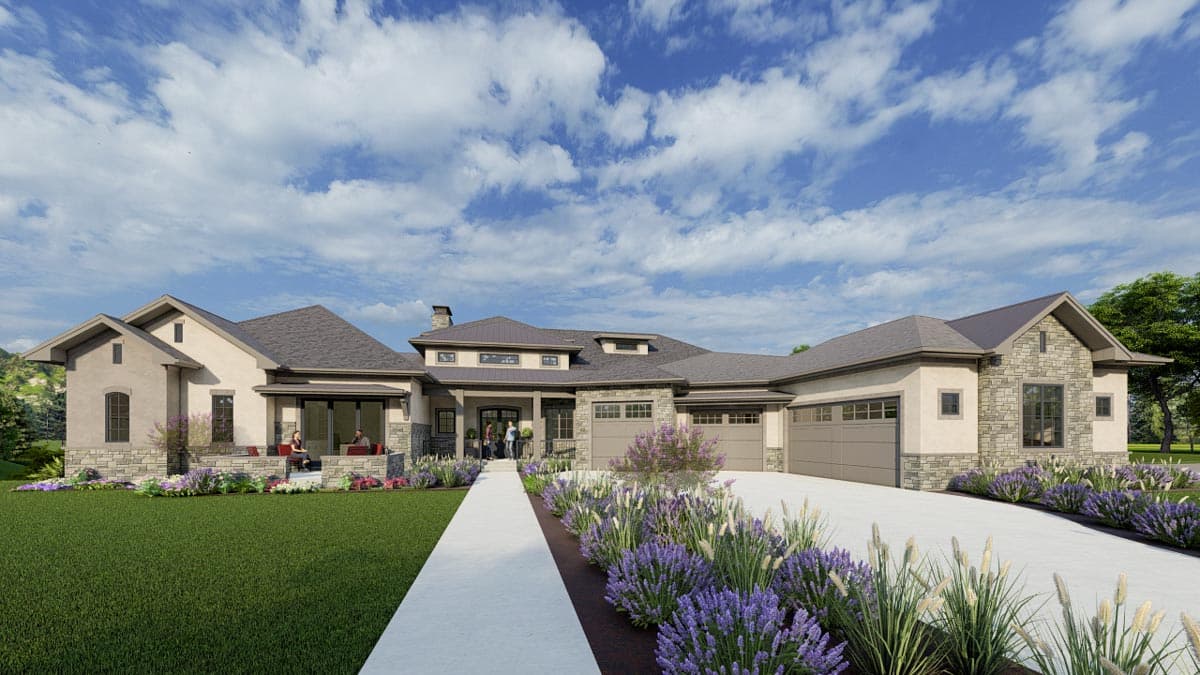 House plan exterior: Modern style, one-story, asymmetrical rooflines, stone accents, covered entry, and a three-car garage.