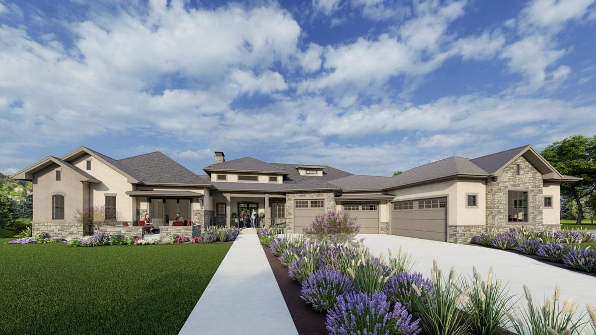 House plan exterior: Contemporary style, single story, with a covered front porch, stone accents, and a three-car garage.