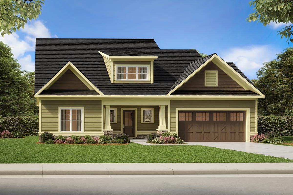House plan exterior with Craftsman style. Features include a front porch with columns, gables, a dormer, and an attached garage.