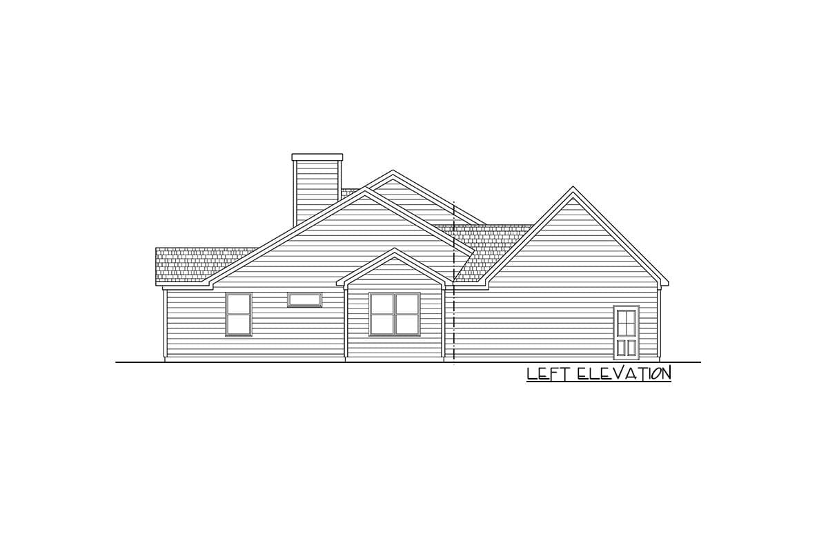 Left elevation drawing of a house plan with a prominent gabled roofline, multiple gables, and a chimney.