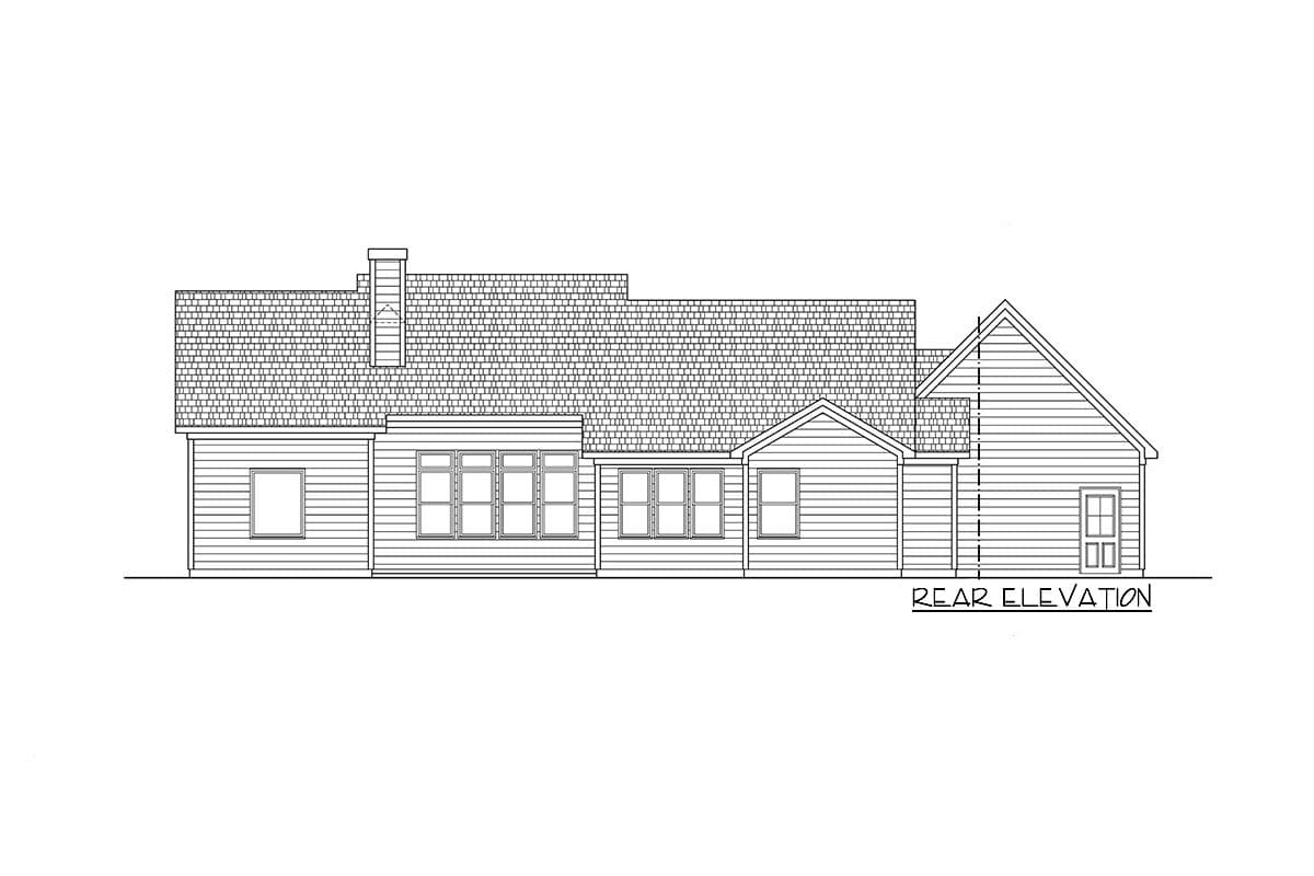 Rear elevation drawing of a house plan featuring a prominent chimney, diverse window groupings, and a single-door garage.