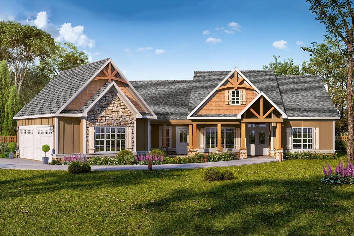 House plan exterior with Craftsman style. Features include a front porch, gabled roof, stone accents, and a two-car garage. Single story construction.