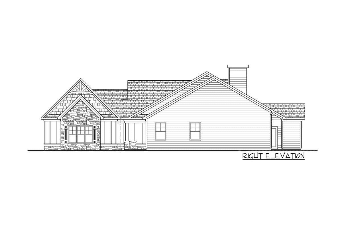 House plan right elevation featuring stone and shingle gable, gable roof, and two windows.