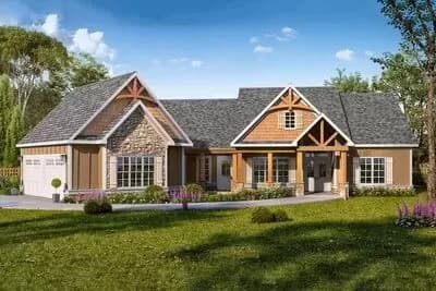 One-Story Rustic Craftsman Home Plan with Angled Garage and Home Office Potential