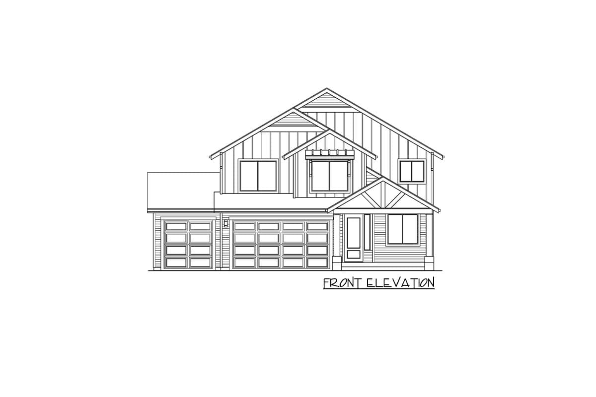 Front elevation drawing of a two-story house plan with a three-car garage, gables, and covered entry.