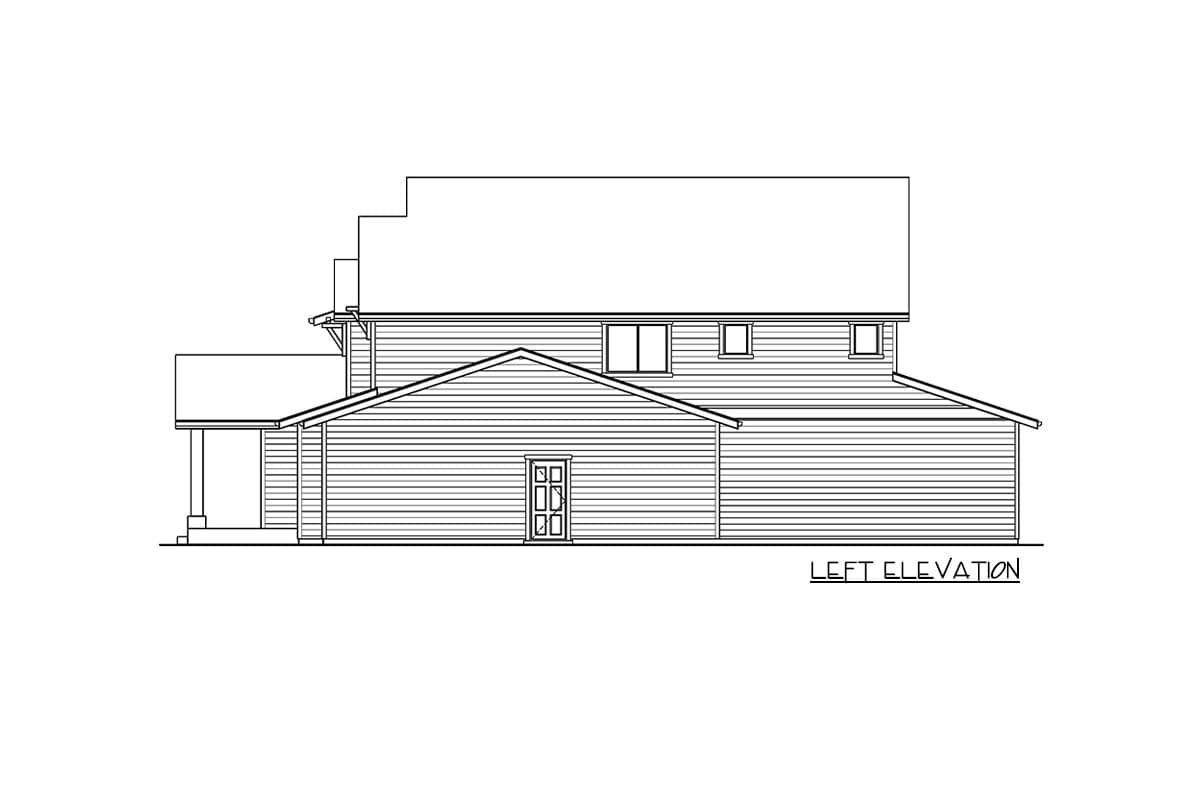 Left elevation of a two-story house plan with a gable roof, front door, and covered porch.