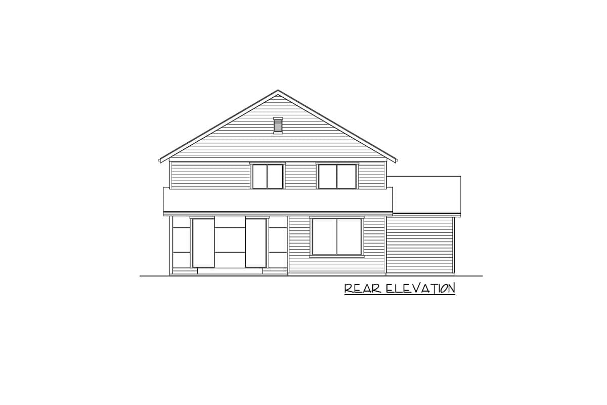 Rear elevation drawing of a two-story house plan with a gabled roof, upper balcony, and attached garage.