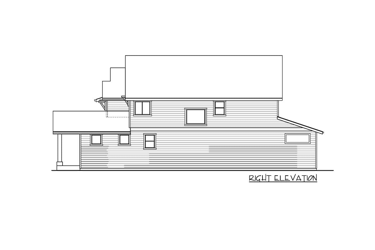 House plan right elevation drawing showing a multi-story structure with a covered porch, multiple gables, and horizontal siding.