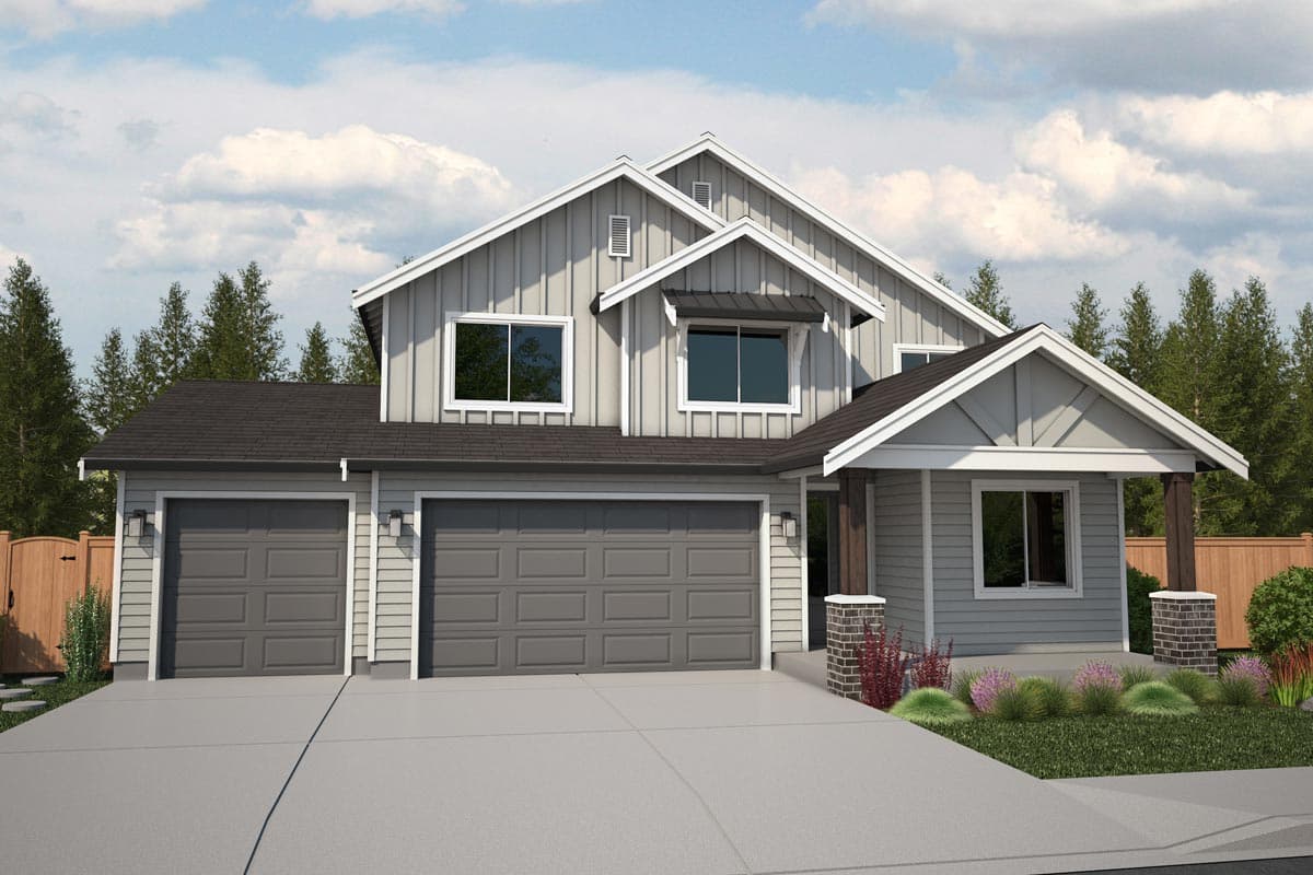 House plan exterior with Craftsman style, two stories, gabled rooflines, two-car garage, and covered porch.