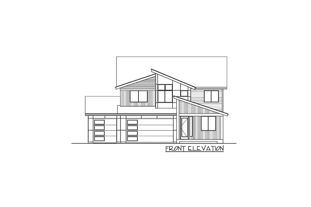 Front elevation drawing of a two-story house plan with a five-window garage and angled rooflines.