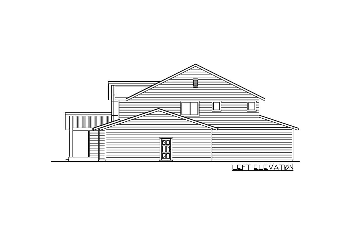Left elevation drawing of a two-story house plan with gabled roof, varied rooflines, and double door garage.