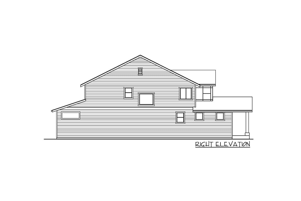 Right elevation of a two-story house plan featuring horizontal siding, gabled roof, and varied window sizes.