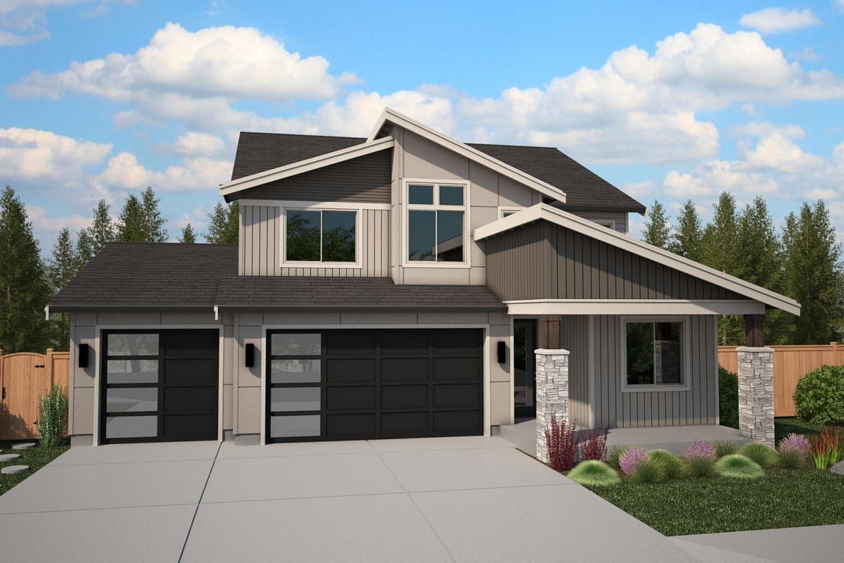 Modern house plan exterior with two stories. Features include a side-entry garage, shed roof, and stone-clad porch columns.
