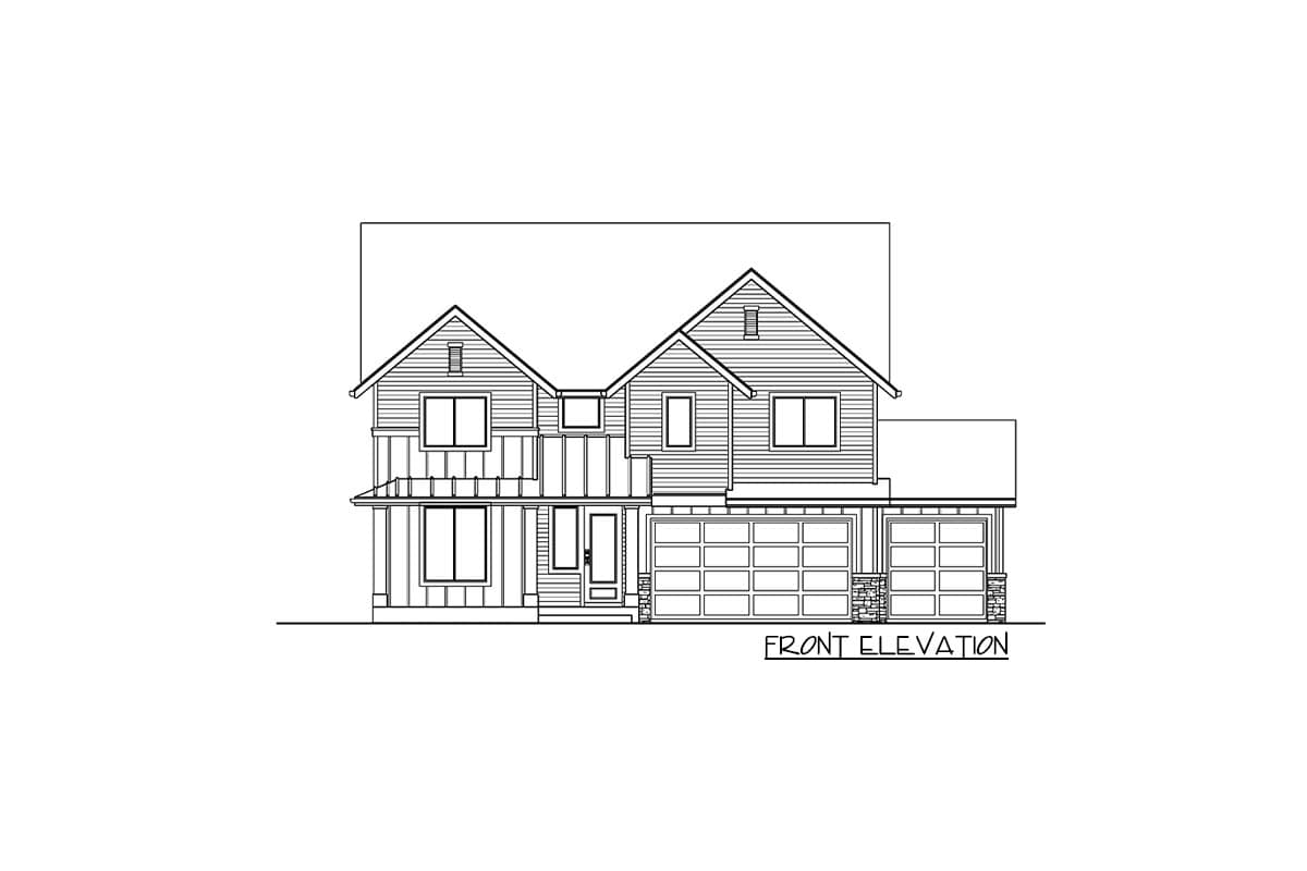 Front elevation drawing of a two-story house plan with a gabled roof, dormers, second-story balcony, and a three-car garage.