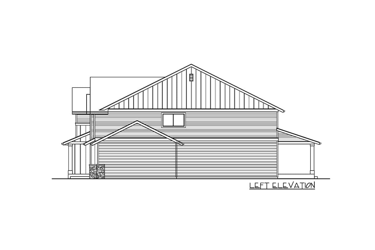 Left elevation drawing of a two-story house plan featuring a prominent gable, covered porch with stone accents, and horizontal siding.