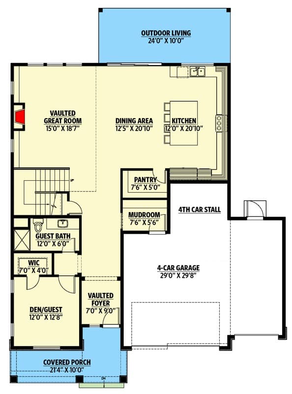 Plan 737050LVL: 5-Bed New American Home Plan with Guest Suite / Den - 3162 Sq Ft - Floor Plan - Main Level - Country, Modern Farmhouse, New American
