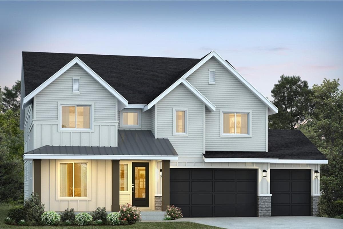 House plan exterior. Two-story Modern Farmhouse with gables, a covered porch, and a two-car garage. Features lap siding and dark roofing.