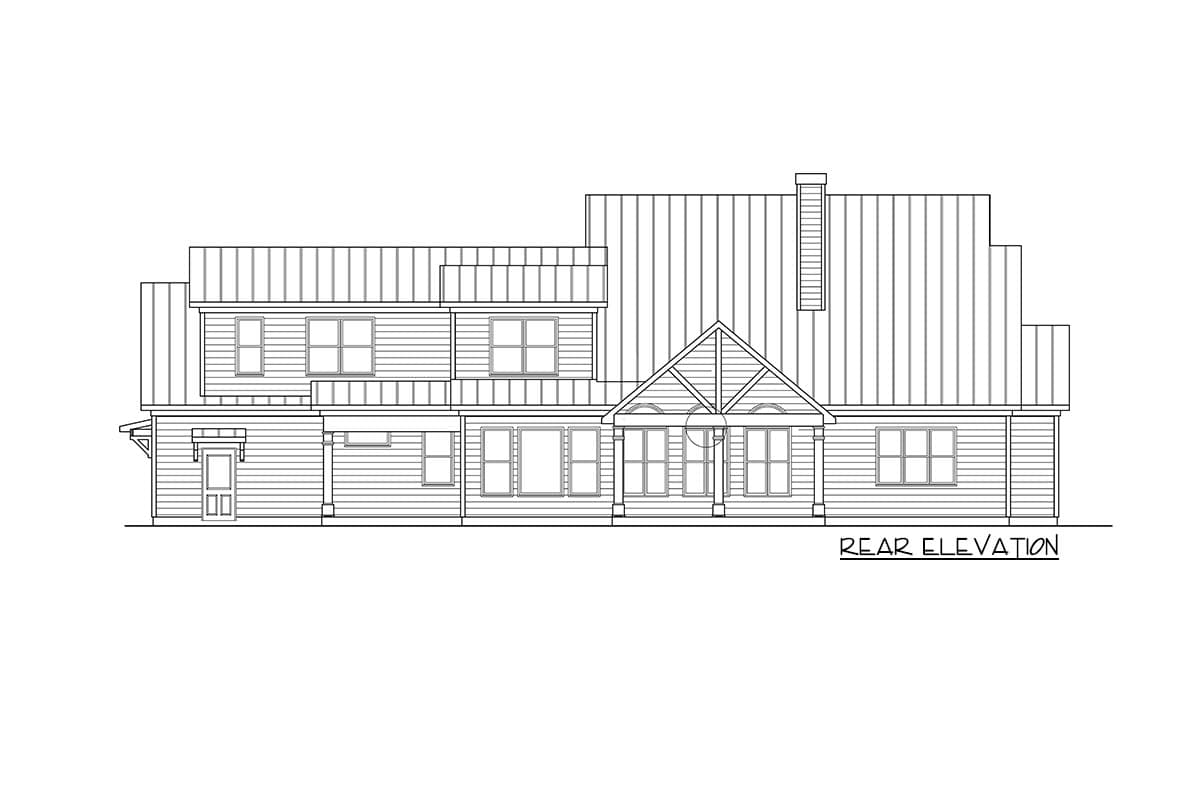 Rear elevation drawing of a multi-story house plan featuring a gable entrance, numerous windows, and metal rooflines.