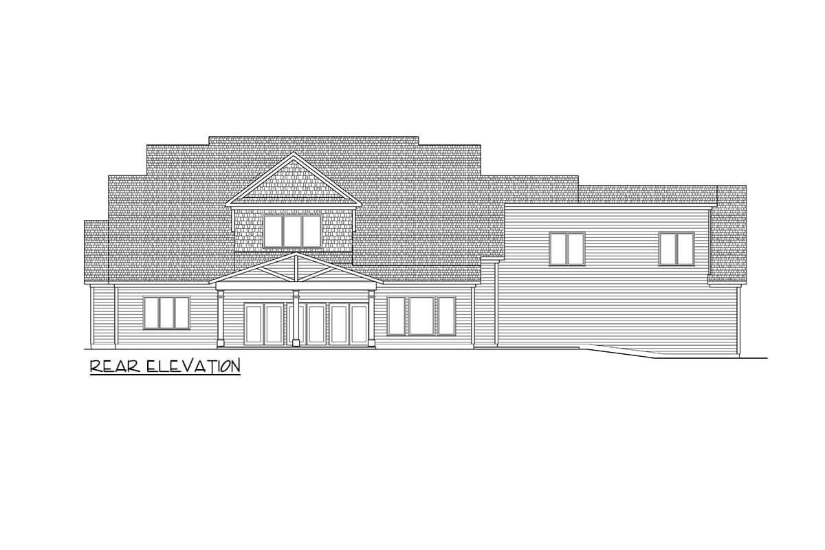 Rear elevation drawing of a house plan featuring a central gable with shingled siding, a covered porch with french doors, and varied rooflines.