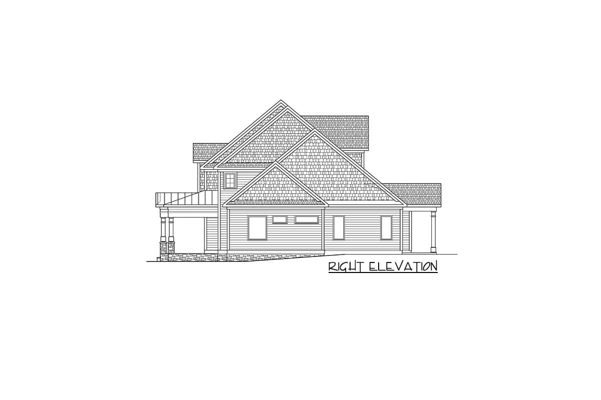 Right elevation house plan drawing showing multiple gables, dormers, and covered porch with columns.