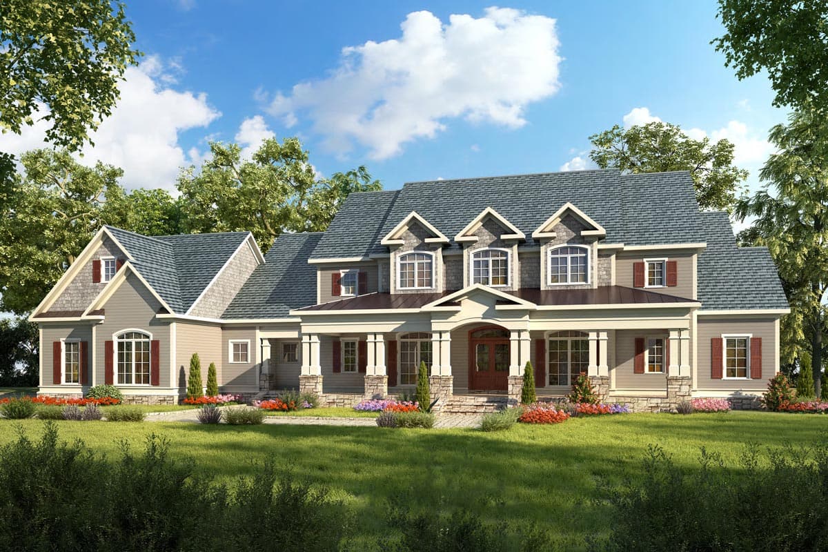House plan exterior with two stories and a front porch. Features include gabled rooflines, dormers, and multiple columns supporting the porch roof.