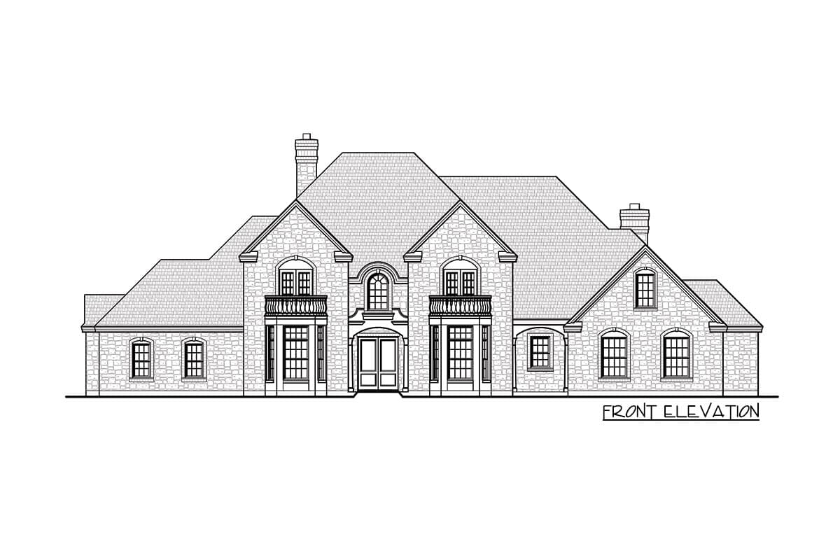 Front elevation drawing of a multi-story house with stone facade, symmetrical gables, balconies, and detailed windows.