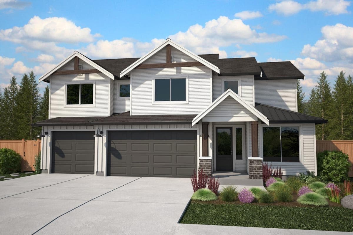 House plan exterior. Two-story Modern Farmhouse with gabled roof, two-car garage, and covered front porch with supporting columns.