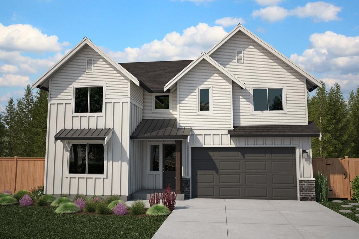 House plan exterior: Modern Farmhouse style, two-story home with multiple gables, shed roof over entry, and attached garage.