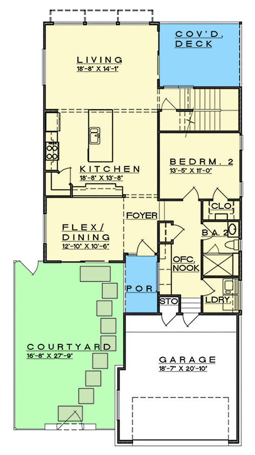 Plan 333014JHB: Modern 4 Bed, 3 Bath, 2400 Sq Ft House Plan with Courtyard and Flex or Dining Space - Floor Plan - Main Level - Contemporary, Hill Country